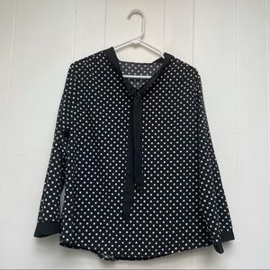 Polka Dot with Neck Tie Sheer Trim Blouse